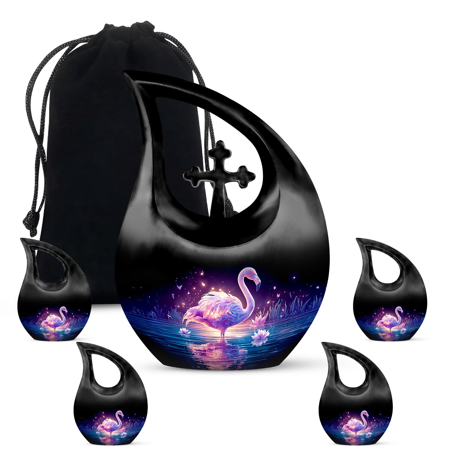 Ebony Flamingo Cremation Urn urn with complimentary velvet bag - sacred cross merged with flamingo motif on metal - memorial set with one large and four small urns