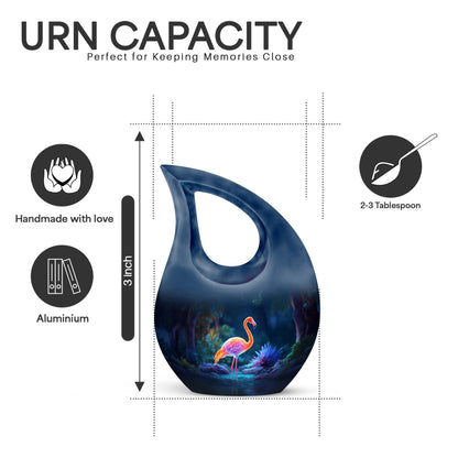 Sapphire Blue Flamingo Cremation Urn back view with polished surface - devotional cross-drop flamingo engraving - mini keepsake memorial for portion of cremation ashes