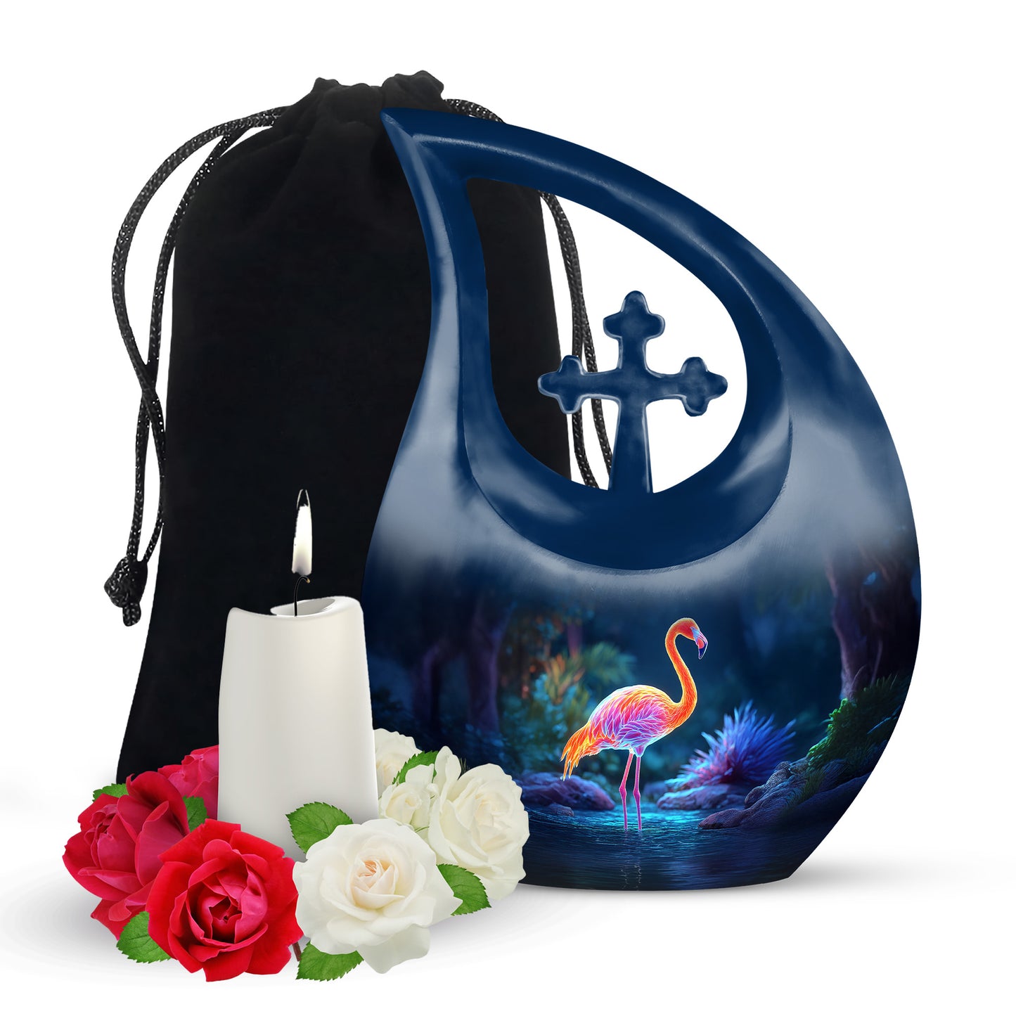 Pastel Blue Flamingo Cremation Urn top-down view of secure threaded lid - sacred cross merged with flamingo motif on metal - full-size 10 inch 200 cubic inch adult cremation urn