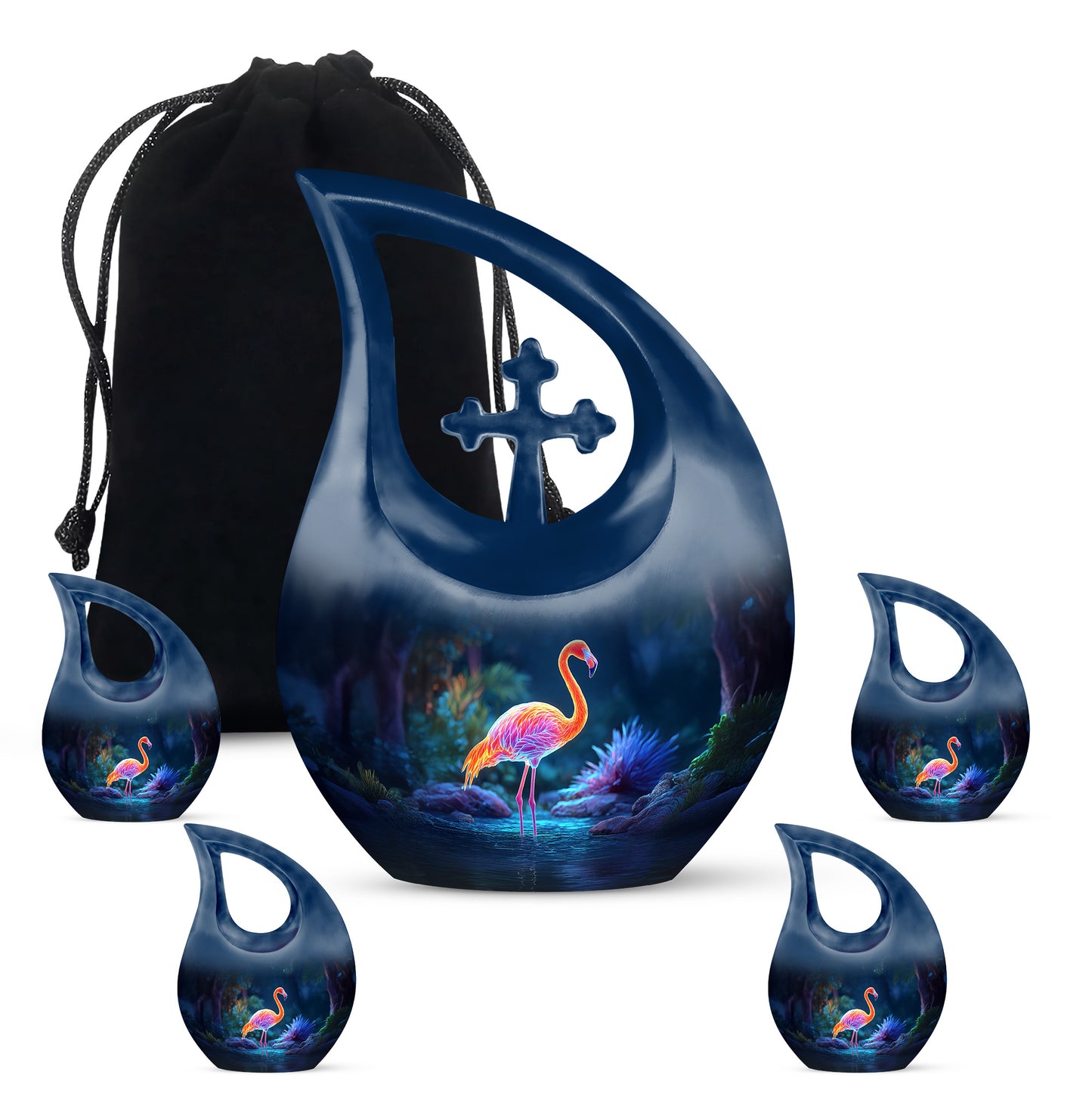 Sky Blue Flamingo Cremation Urn urn with complimentary velvet bag - sacred cross merged with flamingo motif on metal - memorial set with one large and four small urns