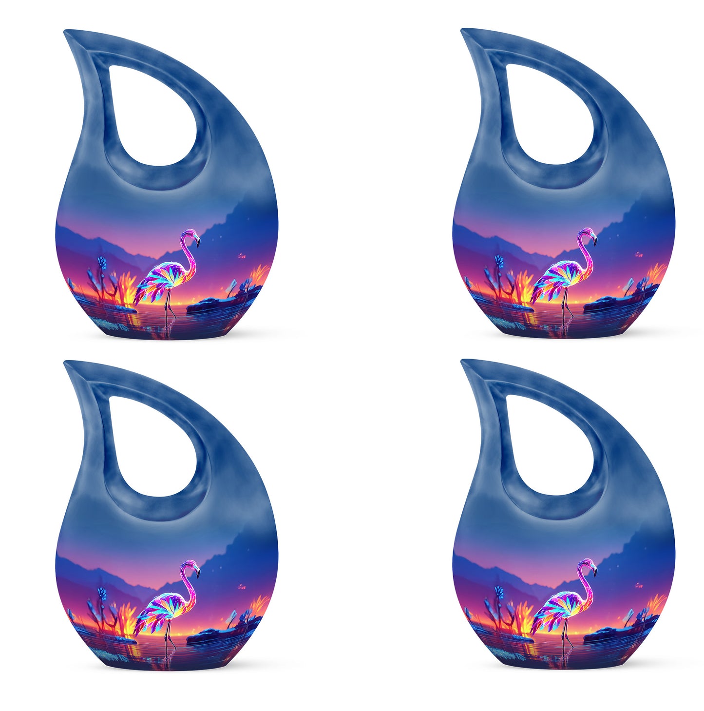 Serene Blue Flamingo Cremation Urn lifestyle display on memorial shelf - devotional cross-drop flamingo engraving - 10 inch aluminum urn for cremated remains