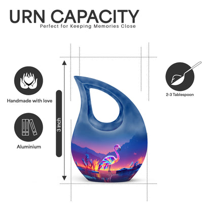 Steel Blue Flamingo Cremation Urn back view with polished surface - devotional cross-drop flamingo engraving - mini keepsake memorial for portion of cremation ashes