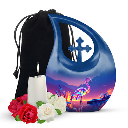 Pastel Blue Flamingo Cremation Urn top-down view of secure threaded lid - sacred cross merged with flamingo motif on metal - full-size 10 inch 200 cubic inch adult cremation urn