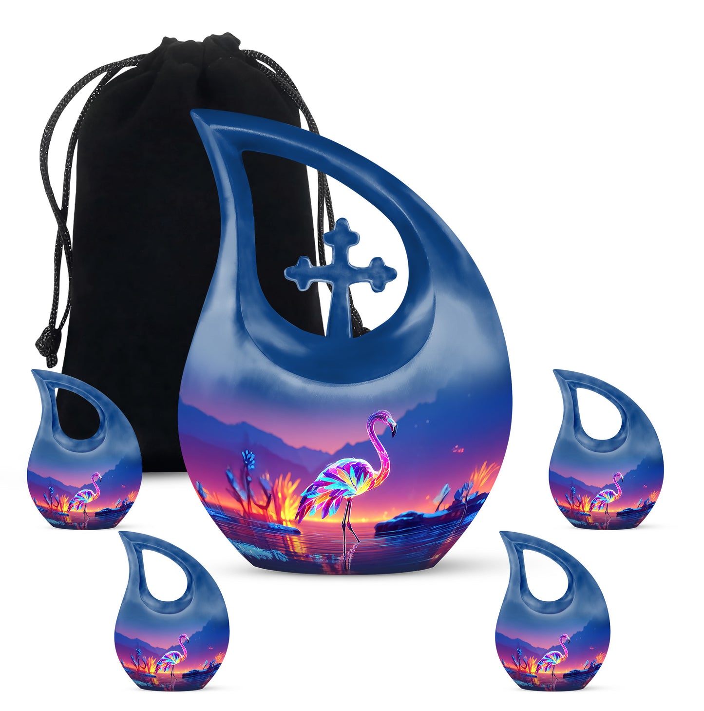 Bright Blue Flamingo Cremation Urn urn with complimentary velvet bag - devotional cross-drop flamingo engraving - memorial set with one large and four small urns