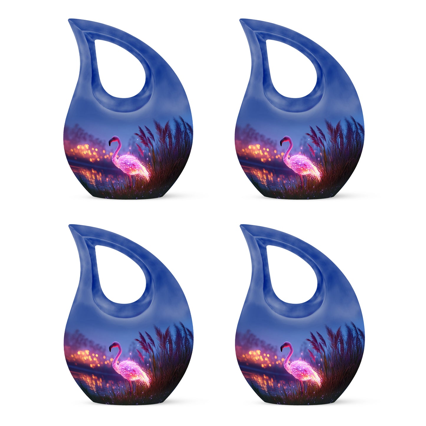 Cobalt Blue Flamingo Cremation Urn lifestyle display on memorial shelf - faith-inspired cross-drop urn with flamingo pattern - 10 inch aluminum urn for cremated remains