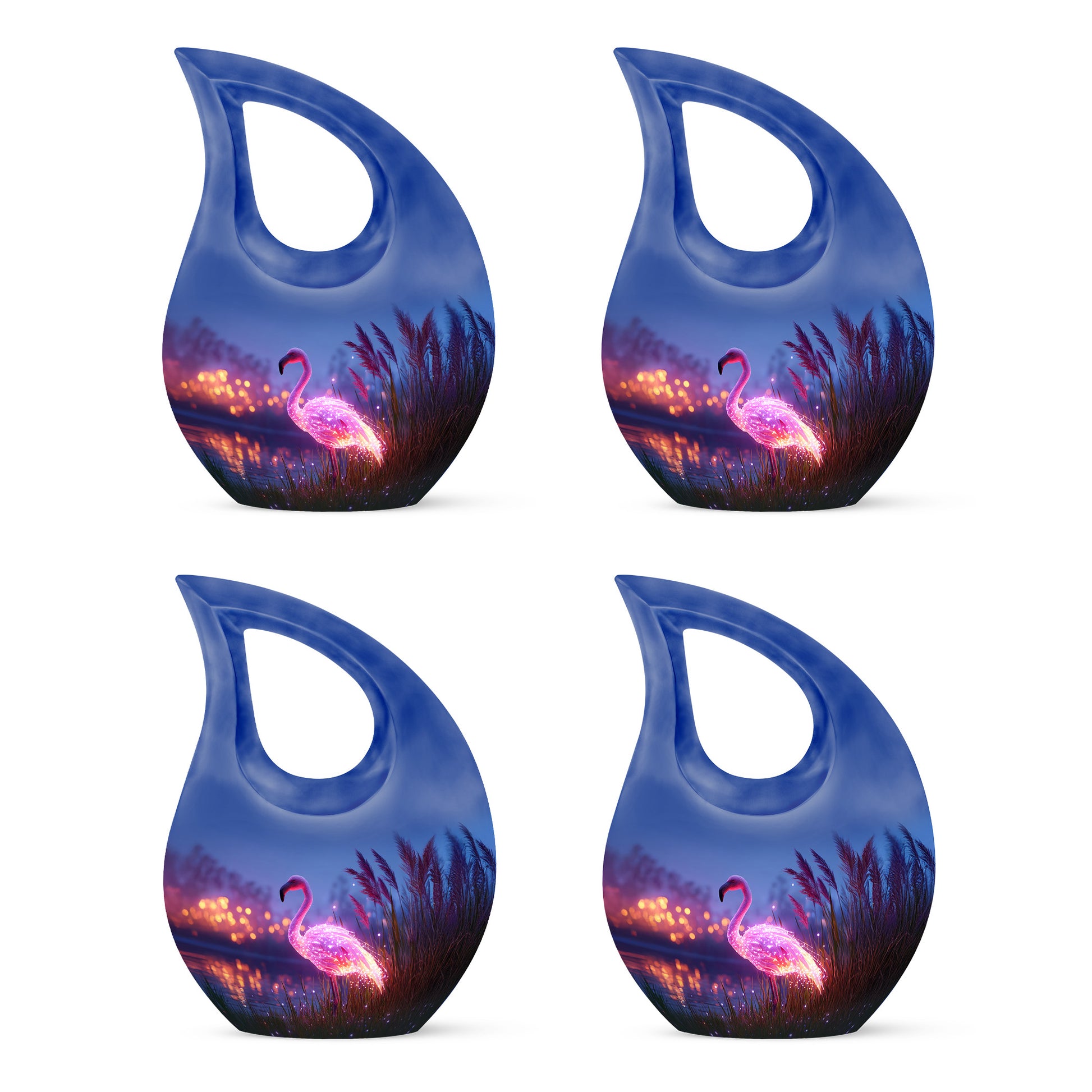 Cobalt Blue Flamingo Cremation Urn lifestyle display on memorial shelf - faith-inspired cross-drop urn with flamingo pattern - 10 inch aluminum urn for cremated remains