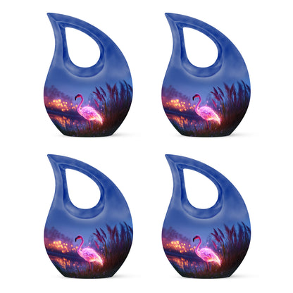 Cobalt Blue Flamingo Cremation Urn lifestyle display on memorial shelf - faith-inspired cross-drop urn with flamingo pattern - 10 inch aluminum urn for cremated remains