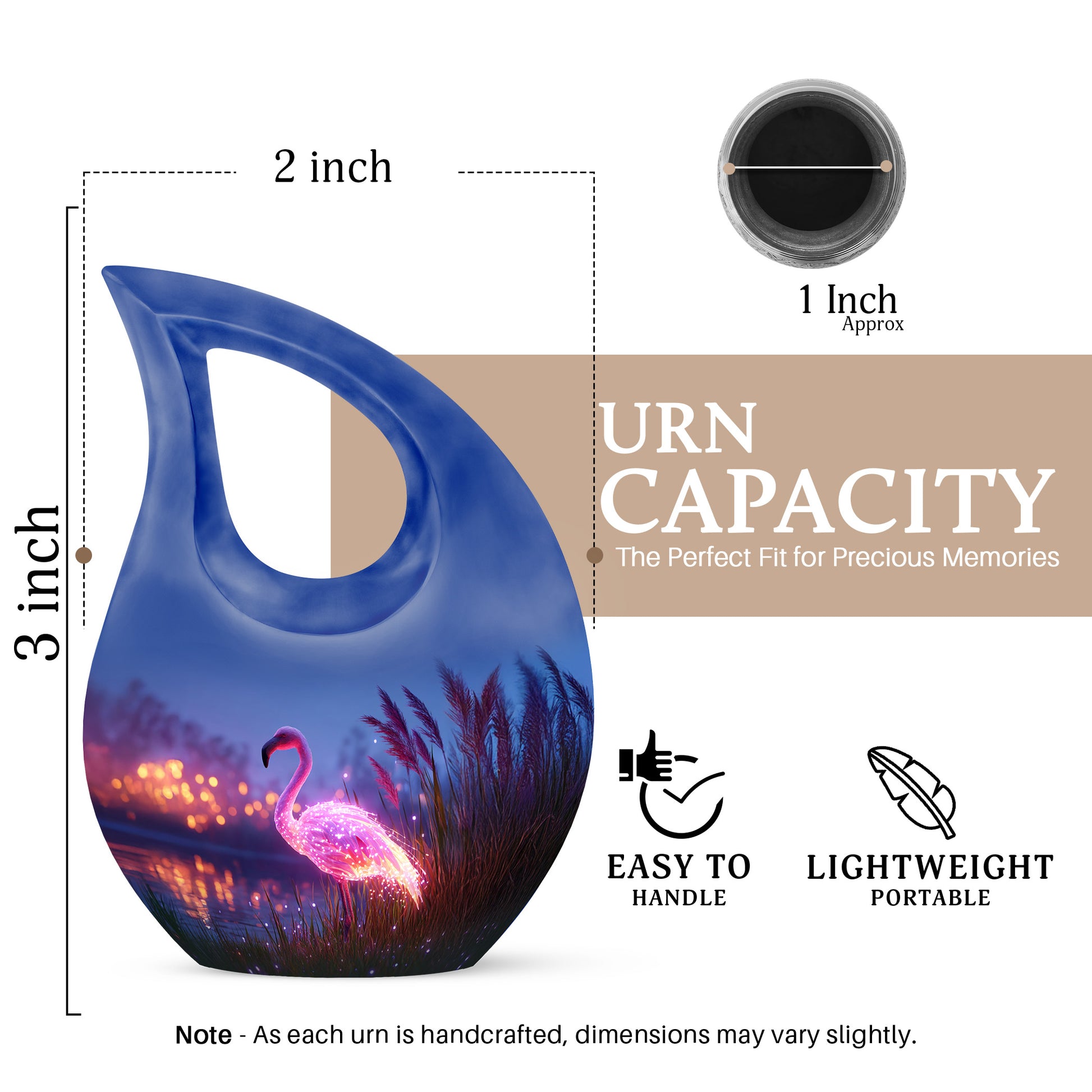Celestial Blue Flamingo Cremation Urn back view with polished surface - cross and flamingo combined in spiritual memorial design - mini keepsake memorial for portion of cremation ashes