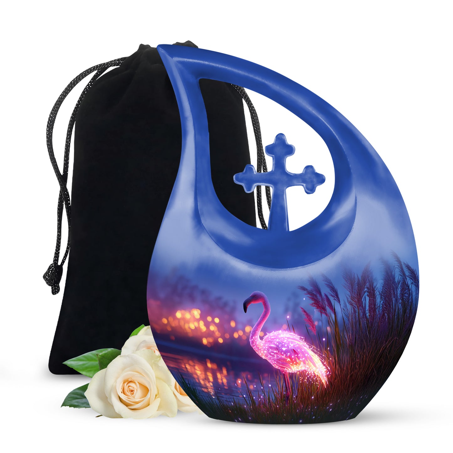 Dusty Blue Flamingo Cremation Urn top-down view of secure threaded lid - sacred cross merged with flamingo motif on metal - full-size 10 inch 200 cubic inch adult cremation urn