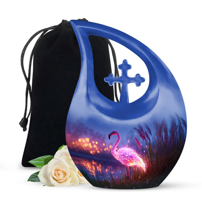 Dusty Blue Flamingo Cremation Urn top-down view of secure threaded lid - sacred cross merged with flamingo motif on metal - full-size 10 inch 200 cubic inch adult cremation urn
