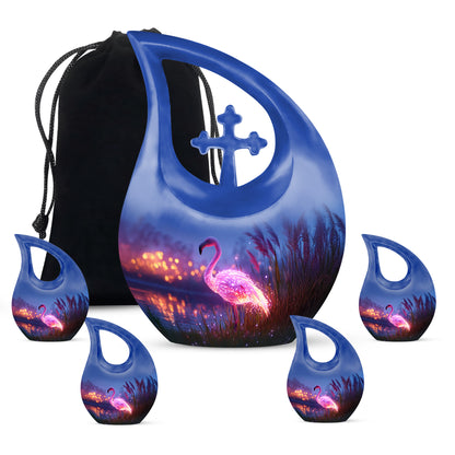 Twilight Blue Flamingo Cremation Urn urn with complimentary velvet bag - devotional cross-drop flamingo engraving - memorial set with one large and four small urns
