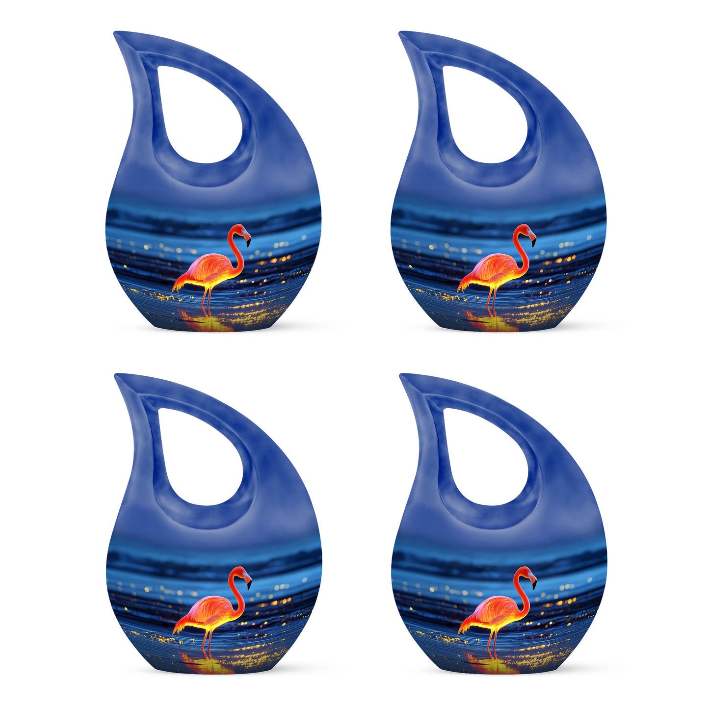 Calming Blue Flamingo Cremation Urn lifestyle display on memorial shelf - devotional cross-drop flamingo engraving - 10 inch aluminum urn for cremated remains