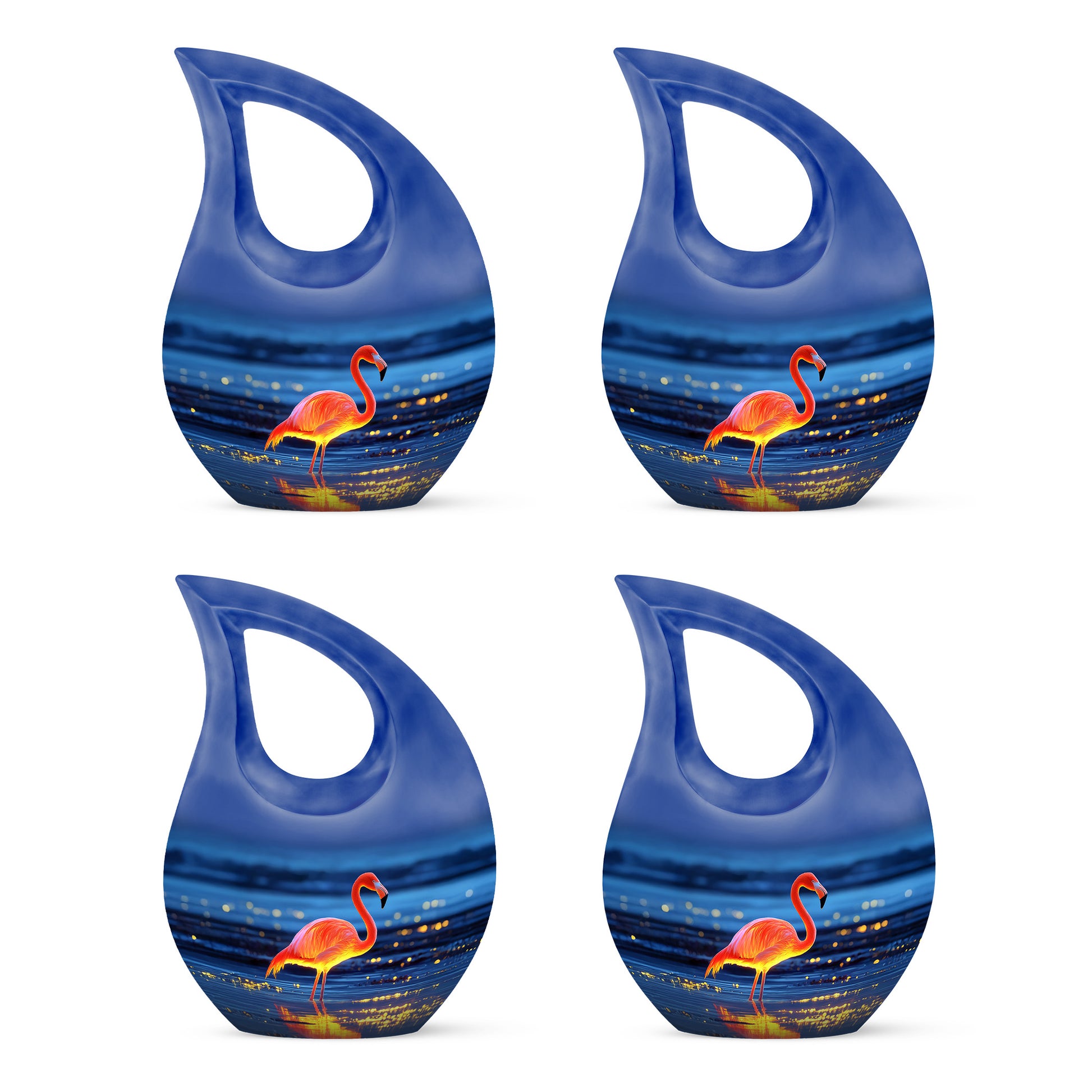 Calming Blue Flamingo Cremation Urn lifestyle display on memorial shelf - devotional cross-drop flamingo engraving - 10 inch aluminum urn for cremated remains