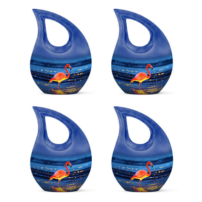 Calming Blue Flamingo Cremation Urn lifestyle display on memorial shelf - devotional cross-drop flamingo engraving - 10 inch aluminum urn for cremated remains