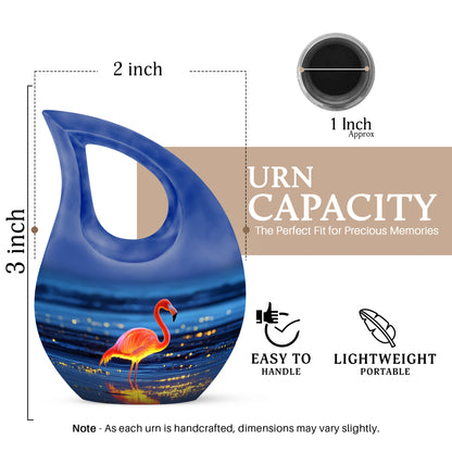 Celestial Blue Flamingo Cremation Urn back view with polished surface - cross and flamingo combined in spiritual memorial design - mini keepsake memorial for portion of cremation ashes