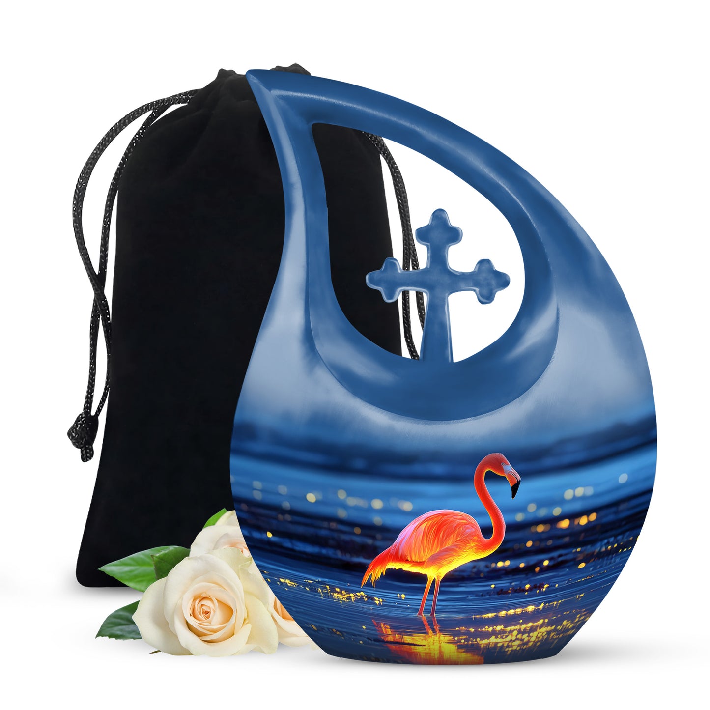 Celestial Blue Flamingo Cremation Urn top-down view of secure threaded lid - cross and flamingo combined in spiritual memorial design - full-size 10 inch 200 cubic inch adult cremation urn