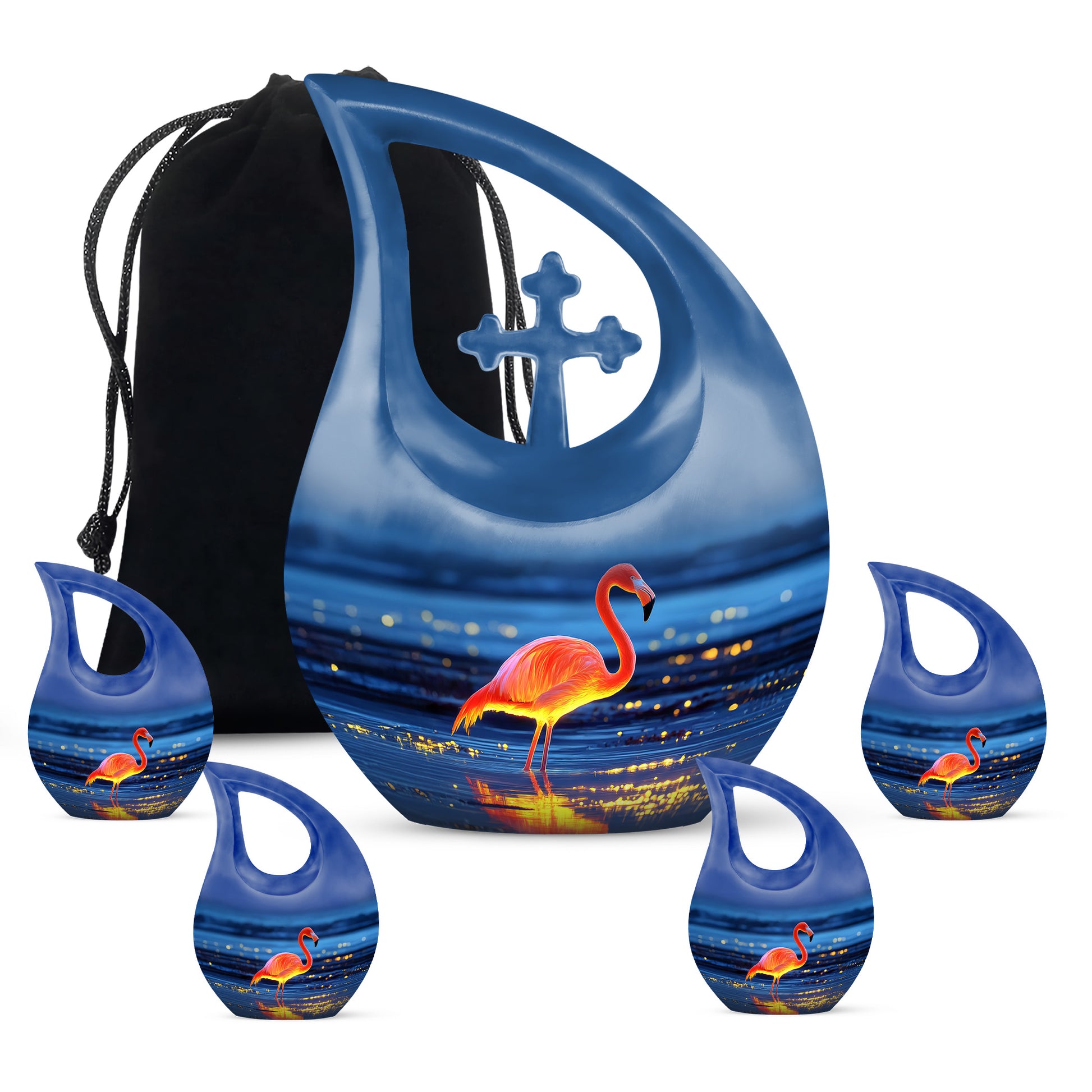 Sky Blue Flamingo Cremation Urn urn with complimentary velvet bag - cross and flamingo combined in spiritual memorial design - memorial set with one large and four small urns