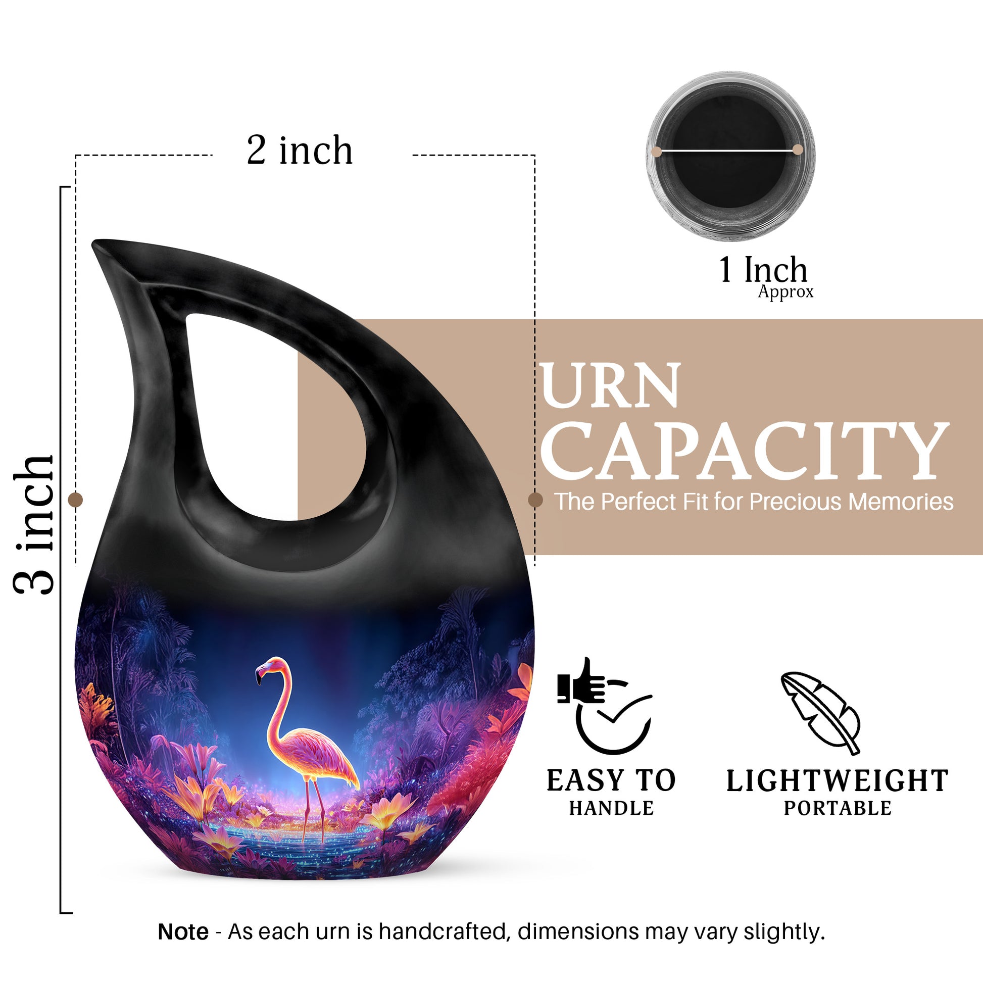 Indigo Flamingo Cremation Urn back view with polished surface - cross and flamingo combined in spiritual memorial design - mini keepsake memorial for portion of cremation ashes