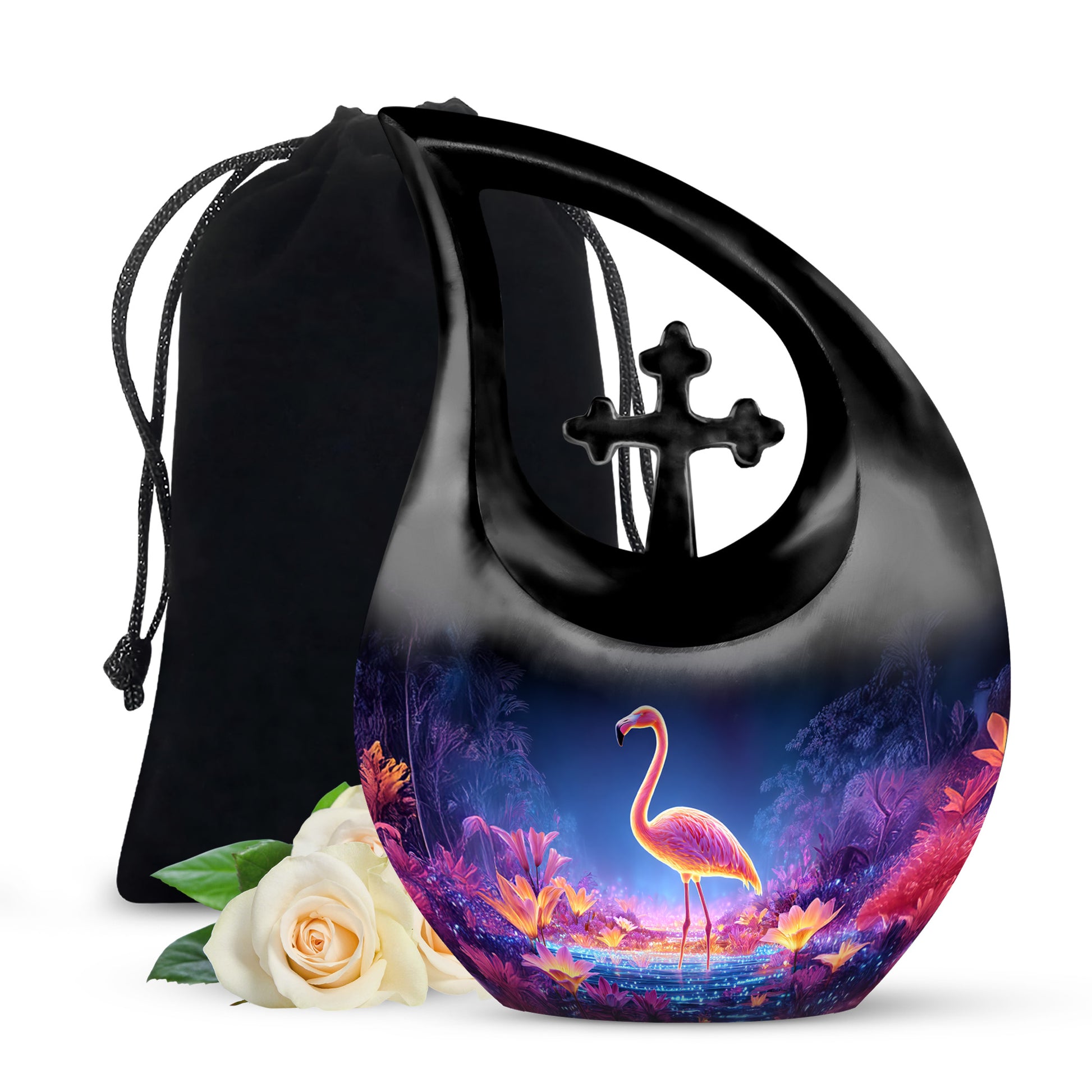 Steel Blue Flamingo Cremation Urn top-down view of secure threaded lid - devotional cross-drop flamingo engraving - full-size 10 inch 200 cubic inch adult cremation urn