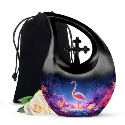 Steel Blue Flamingo Cremation Urn top-down view of secure threaded lid - devotional cross-drop flamingo engraving - full-size 10 inch 200 cubic inch adult cremation urn