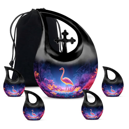 Royal Blue Flamingo Cremation Urn urn with complimentary velvet bag - faith-inspired cross-drop urn with flamingo pattern - memorial set with one large and four small urns