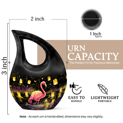 Dark Black Flamingo Cremation Urn back view with polished surface - faith-inspired cross-drop urn with flamingo pattern - mini keepsake memorial for portion of cremation ashes