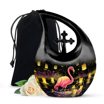 Glossy Black Flamingo Cremation Urn top-down view of secure threaded lid - sacred cross merged with flamingo motif on metal - full-size 10 inch 200 cubic inch adult cremation urn