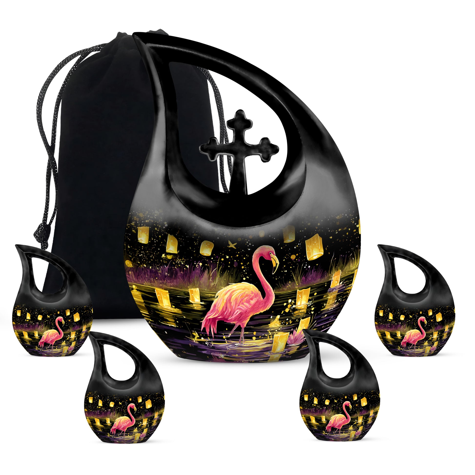 Deep Black Flamingo Cremation Urn urn with complimentary velvet bag - cross and flamingo combined in spiritual memorial design - memorial set with one large and four small urns