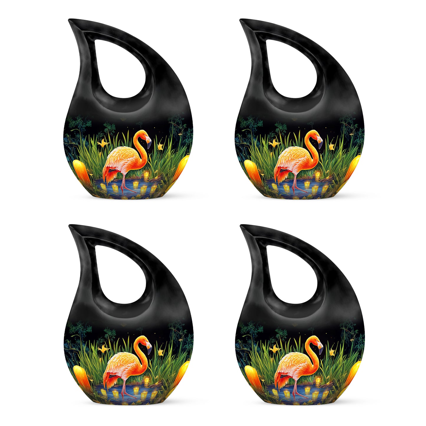 Charcoal Black Flamingo Cremation Urn lifestyle display on memorial shelf - devotional cross-drop flamingo engraving - 10 inch aluminum urn for cremated remains