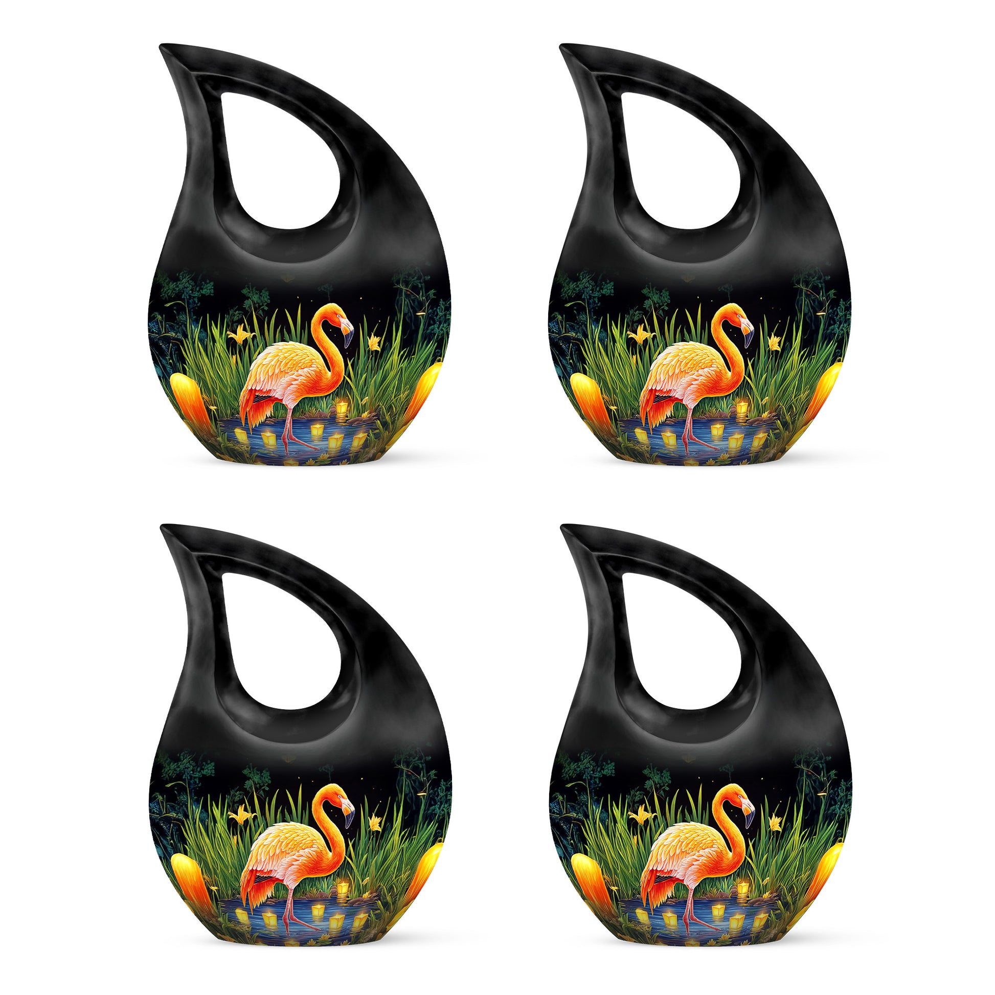 Charcoal Black Flamingo Cremation Urn lifestyle display on memorial shelf - devotional cross-drop flamingo engraving - 10 inch aluminum urn for cremated remains