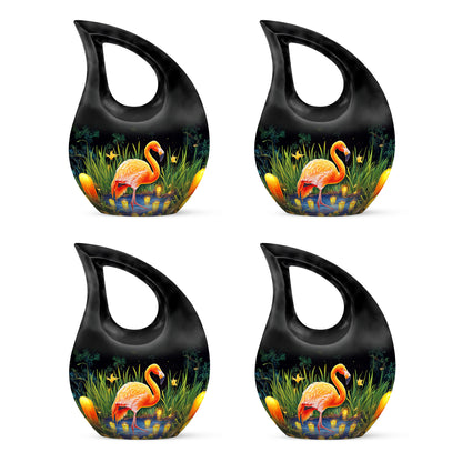 Charcoal Black Flamingo Cremation Urn lifestyle display on memorial shelf - devotional cross-drop flamingo engraving - 10 inch aluminum urn for cremated remains