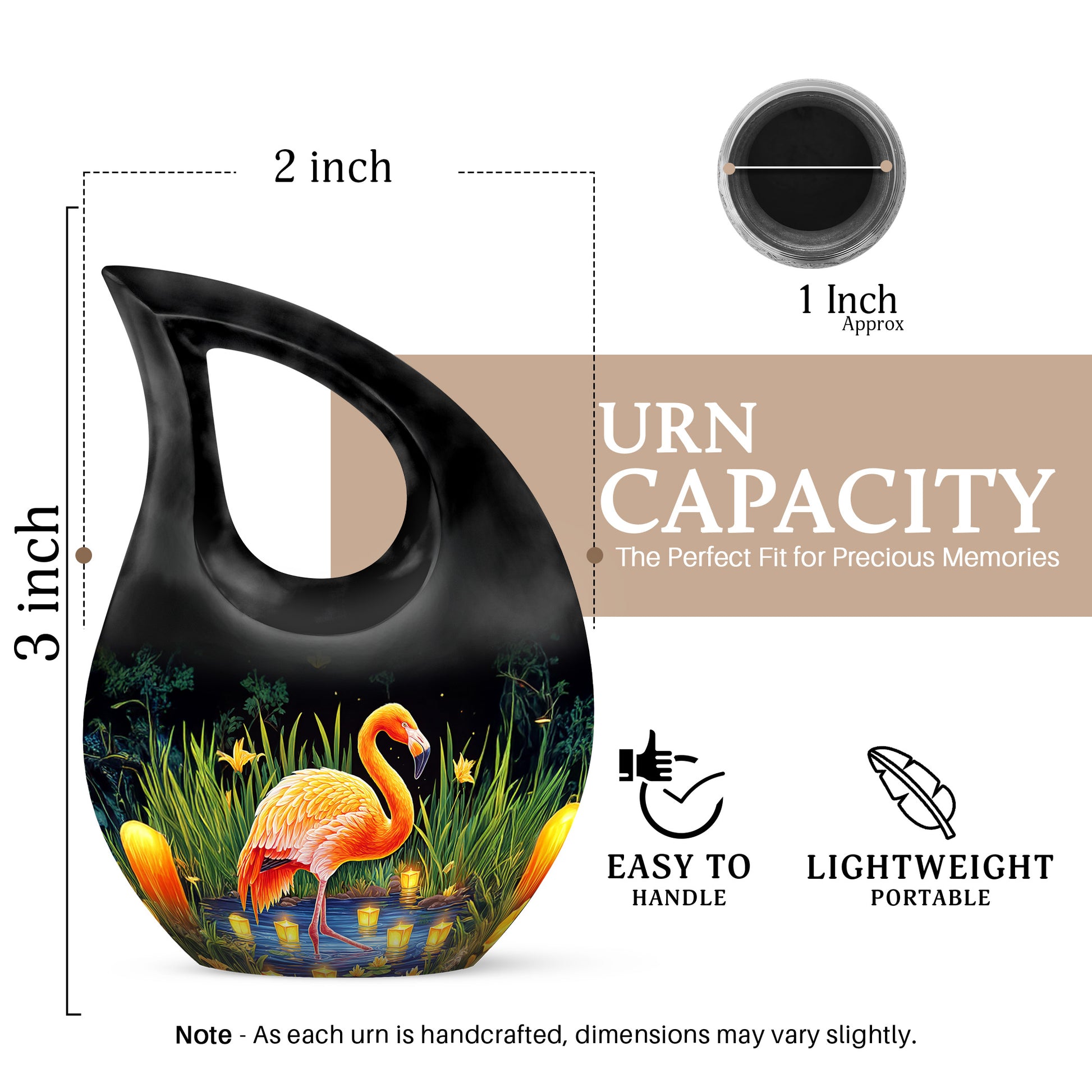 Ebony Flamingo Cremation Urn back view with polished surface - cross and flamingo combined in spiritual memorial design - mini keepsake memorial for portion of cremation ashes