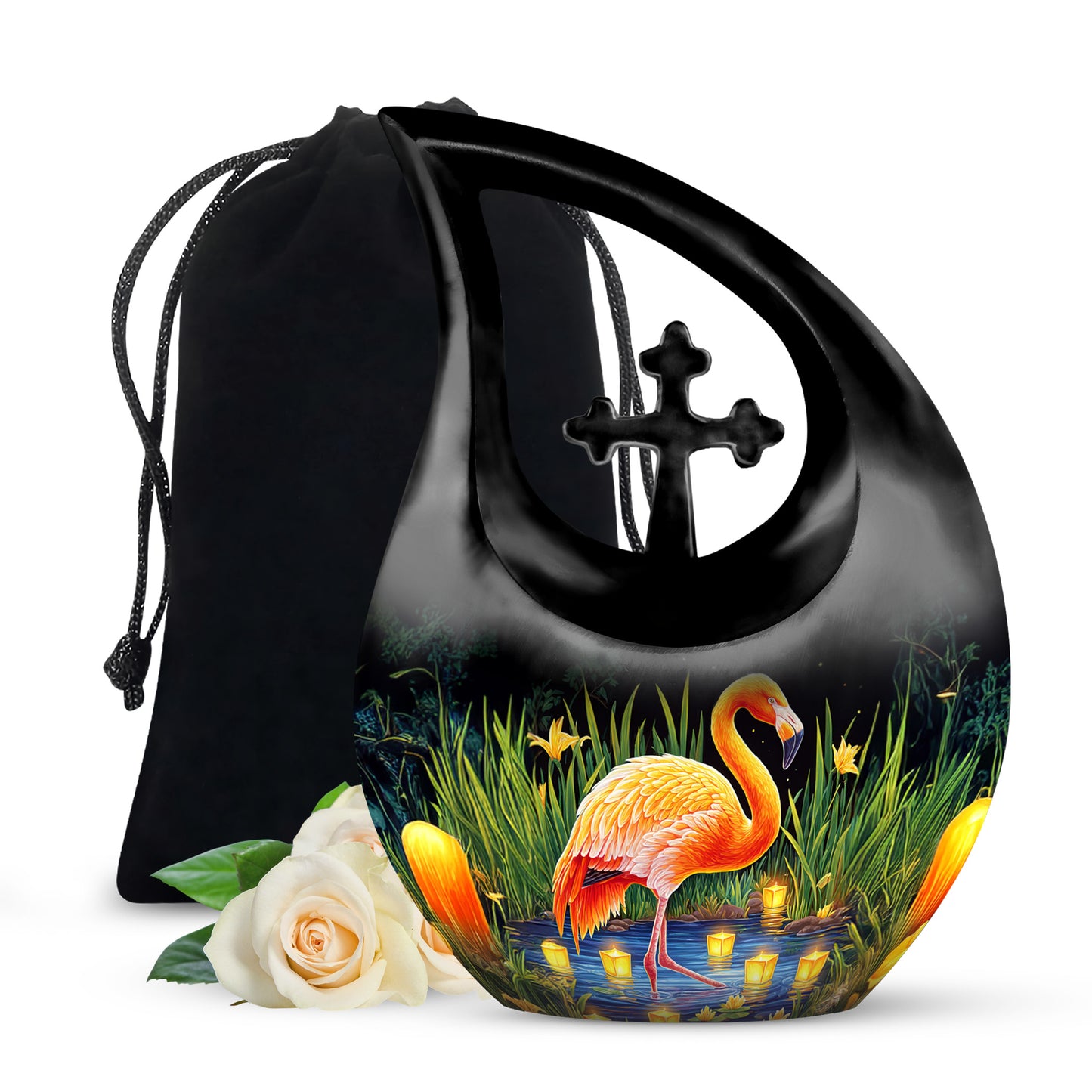 Jet Black Flamingo Cremation Urn top-down view of secure threaded lid - cross and flamingo combined in spiritual memorial design - full-size 10 inch 200 cubic inch adult cremation urn