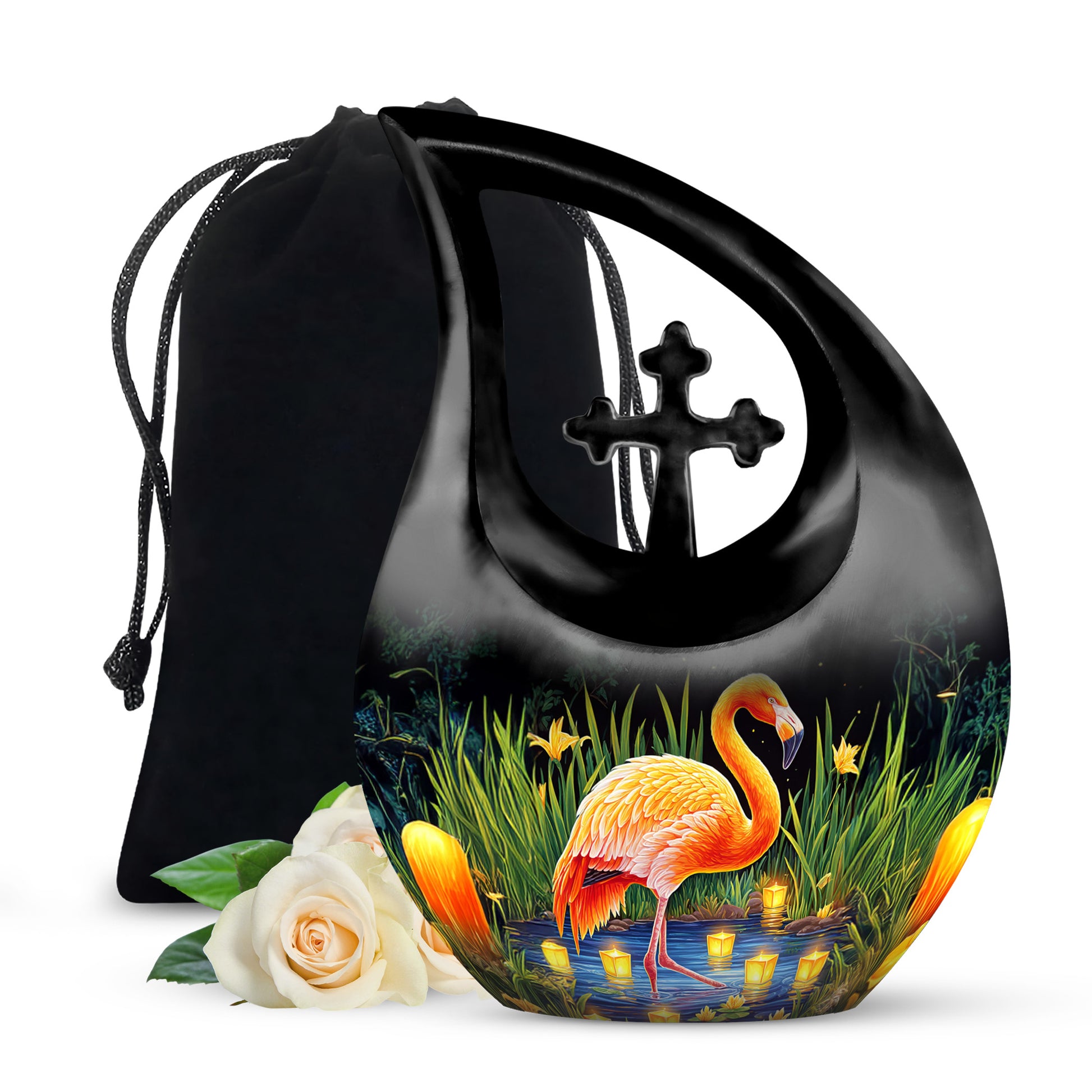 Jet Black Flamingo Cremation Urn top-down view of secure threaded lid - cross and flamingo combined in spiritual memorial design - full-size 10 inch 200 cubic inch adult cremation urn