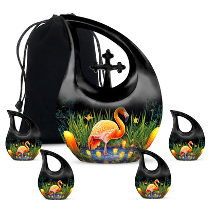 Midnight Black Flamingo Cremation Urn urn with complimentary velvet bag - faith-inspired cross-drop urn with flamingo pattern - memorial set with one large and four small urns