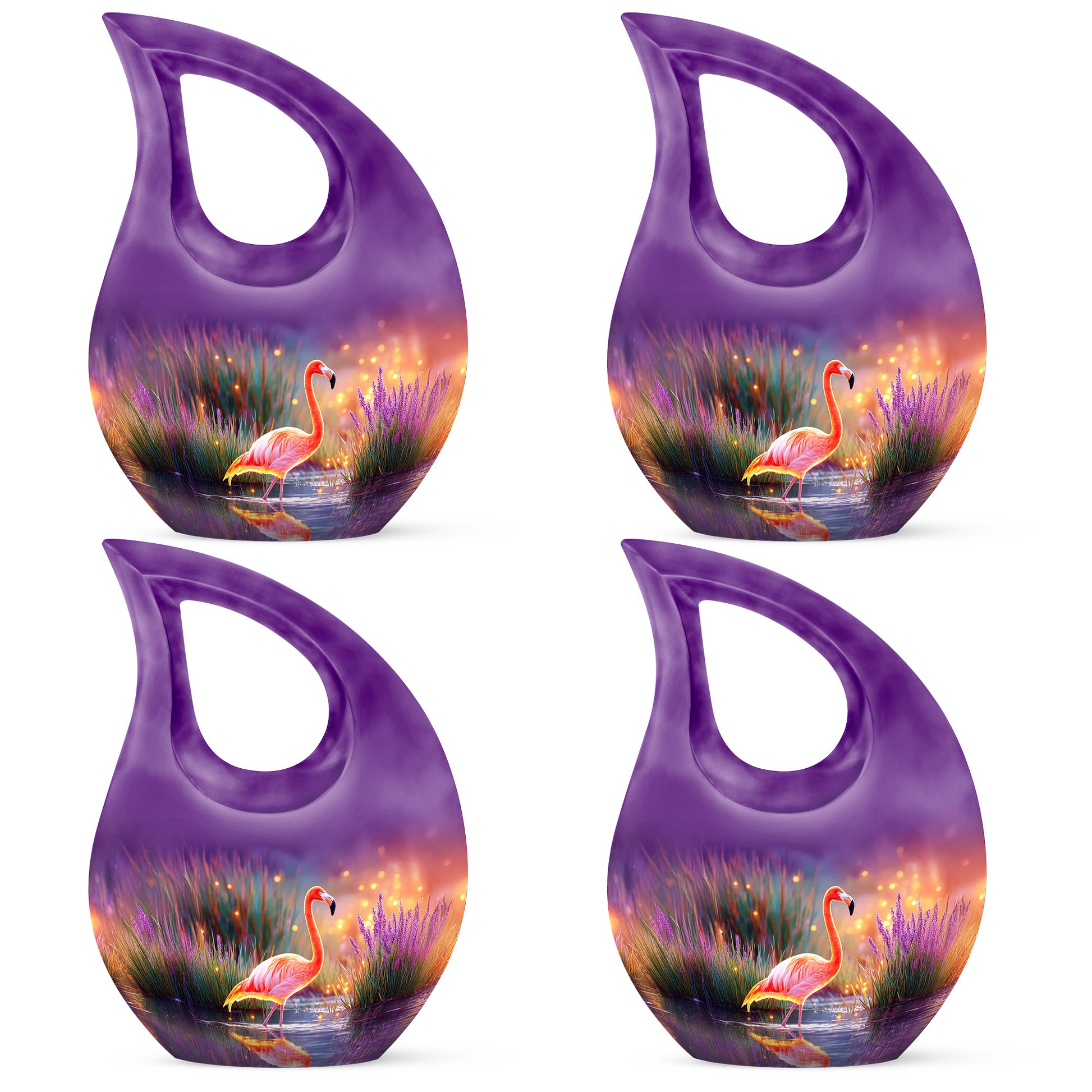 Serene Blue Flamingo Cremation Urn lifestyle display on memorial shelf - faith-inspired cross-drop urn with flamingo pattern - 10 inch aluminum urn for cremated remains