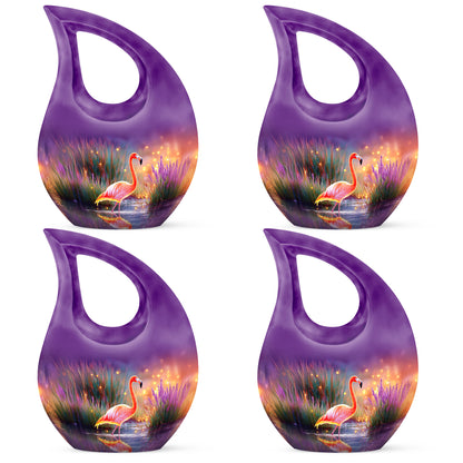 Serene Blue Flamingo Cremation Urn lifestyle display on memorial shelf - faith-inspired cross-drop urn with flamingo pattern - 10 inch aluminum urn for cremated remains