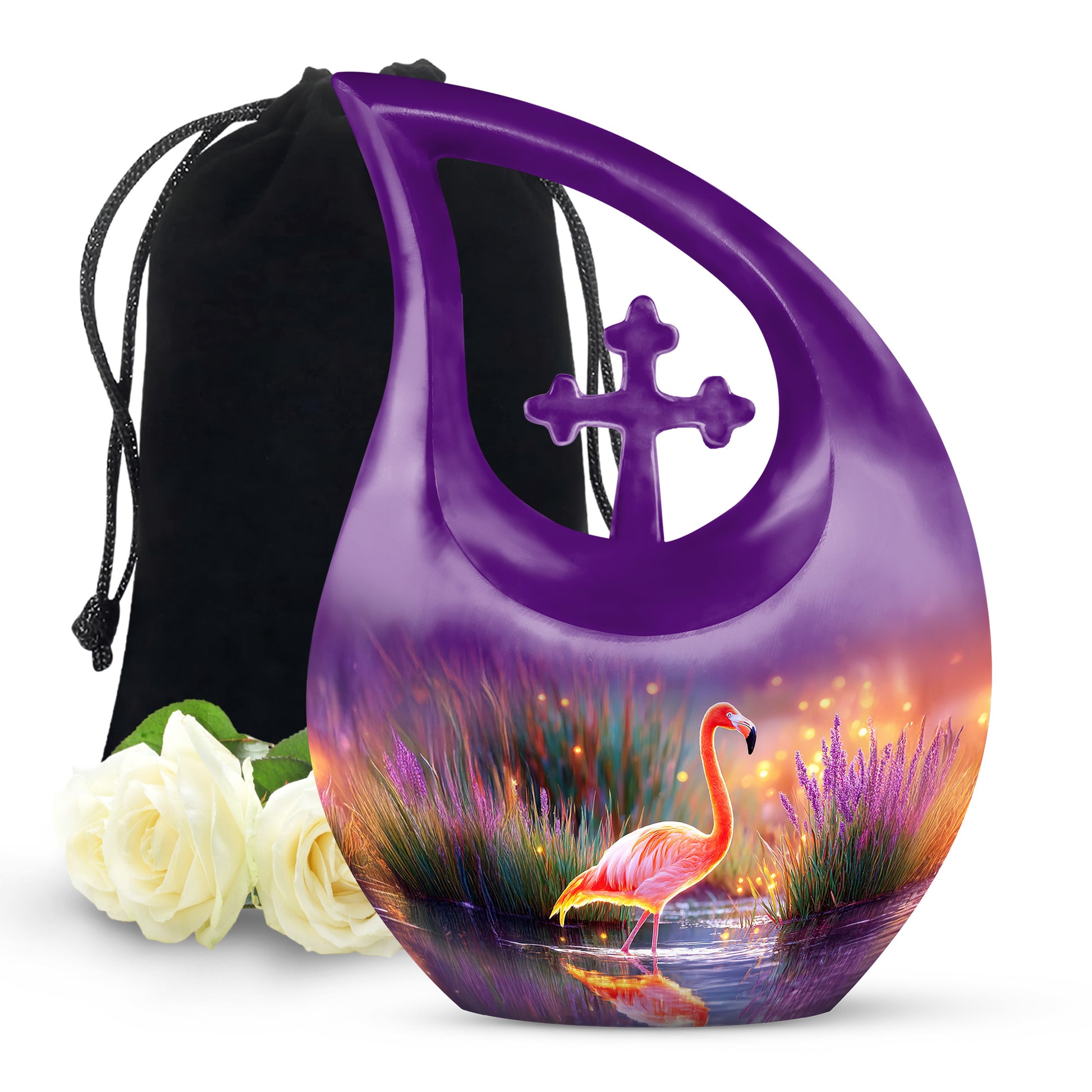 Sky Blue Flamingo Cremation Urn top-down view of secure threaded lid - cross and flamingo combined in spiritual memorial design - full-size 10 inch 200 cubic inch adult cremation urn