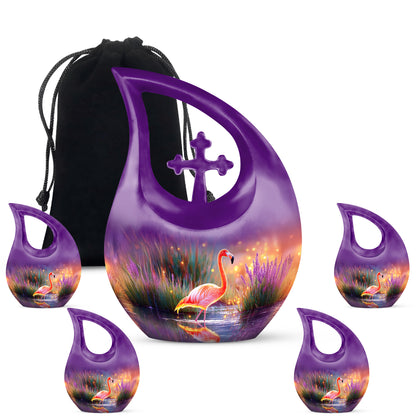 Royal Blue Flamingo Cremation Urn urn with complimentary velvet bag - devotional cross-drop flamingo engraving - memorial set with one large and four small urns