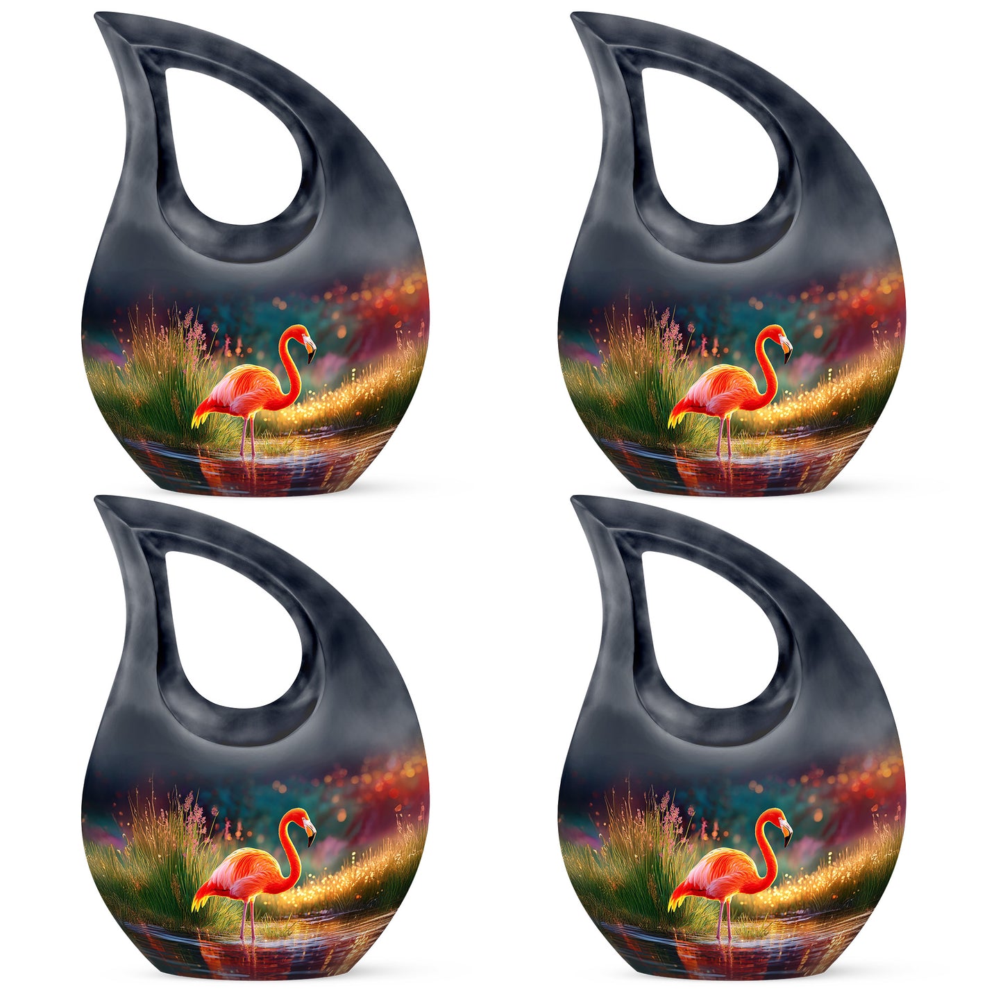 Violet Purple Flamingo Cremation Urn lifestyle display on memorial shelf - devotional cross-drop flamingo engraving - 10 inch aluminum urn for cremated remains