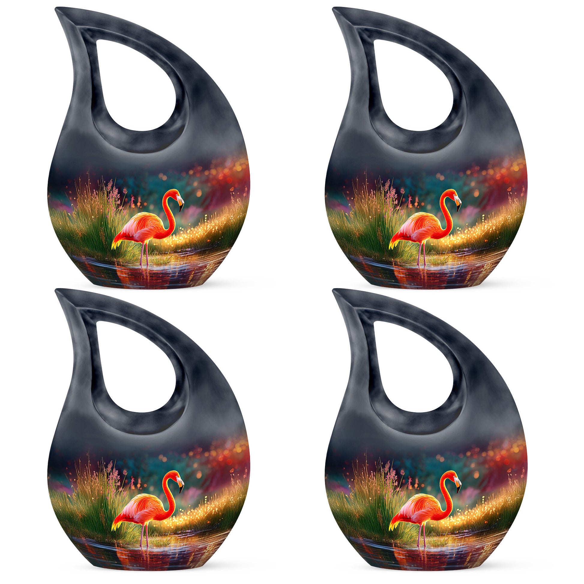 Violet Purple Flamingo Cremation Urn lifestyle display on memorial shelf - devotional cross-drop flamingo engraving - 10 inch aluminum urn for cremated remains