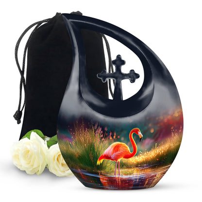Twilight Purple Flamingo Cremation Urn top-down view of secure threaded lid - devotional cross-drop flamingo engraving - full-size 10 inch 200 cubic inch adult cremation urn