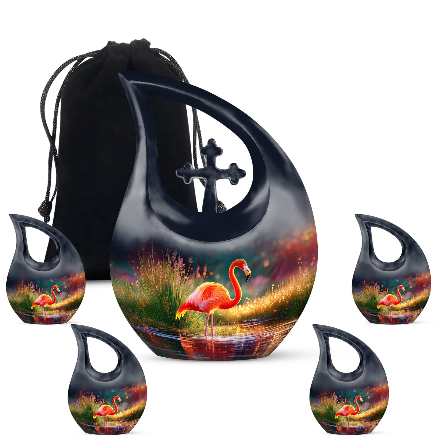 Deep Purple Flamingo Cremation Urn urn with complimentary velvet bag - sacred cross merged with flamingo motif on metal - memorial set with one large and four small urns