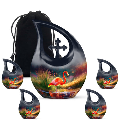 Deep Purple Flamingo Cremation Urn urn with complimentary velvet bag - sacred cross merged with flamingo motif on metal - memorial set with one large and four small urns