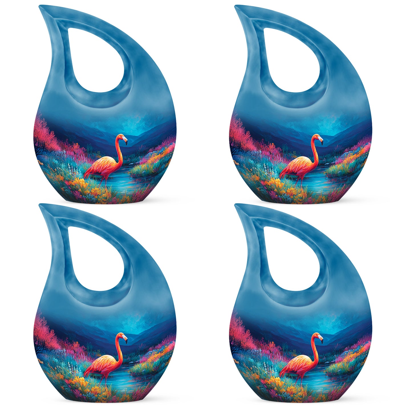 Cobalt Blue Flamingo Cremation Urn lifestyle display on memorial shelf - devotional cross-drop flamingo engraving - 10 inch aluminum urn for cremated remains