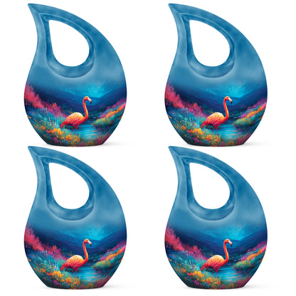 Cobalt Blue Flamingo Cremation Urn lifestyle display on memorial shelf - devotional cross-drop flamingo engraving - 10 inch aluminum urn for cremated remains