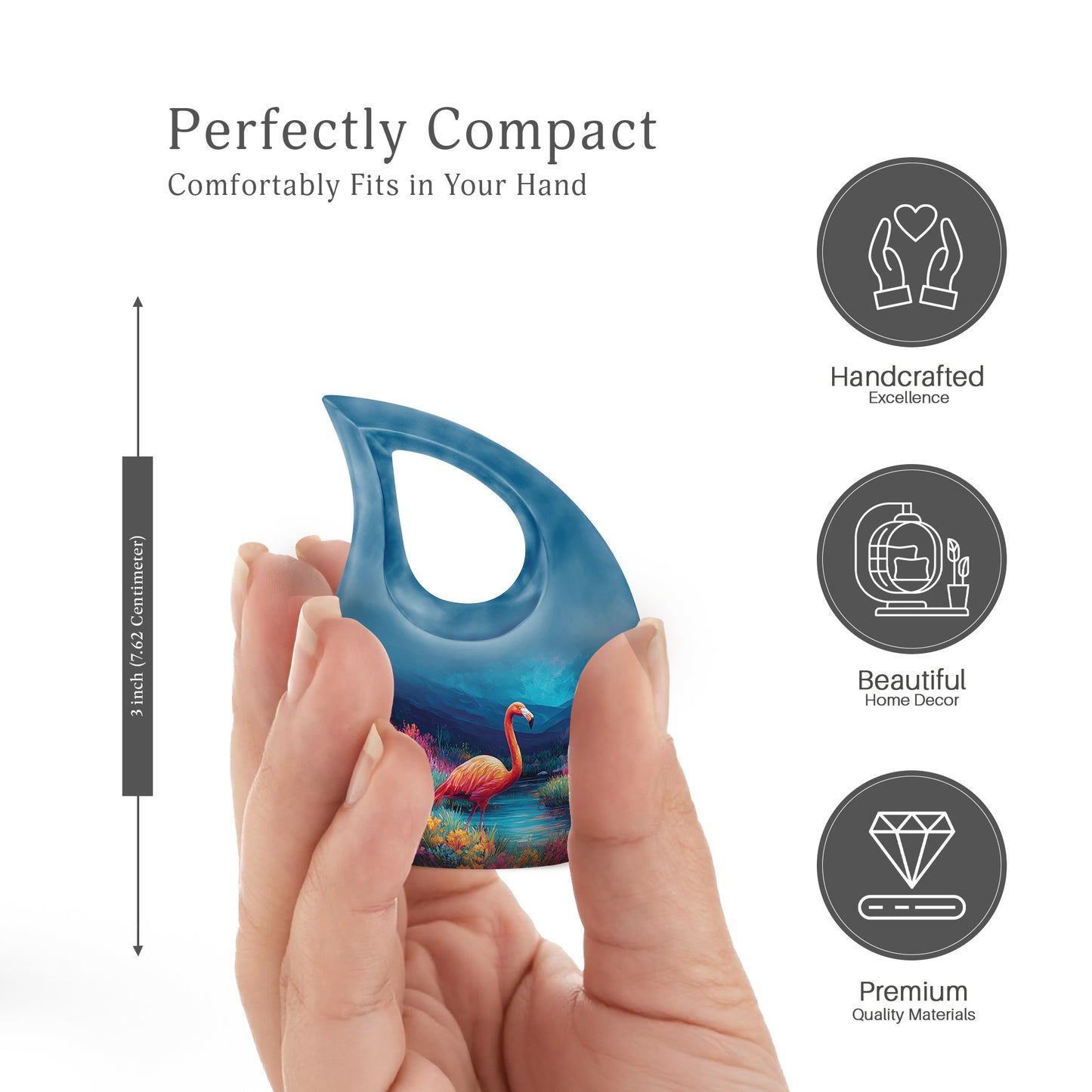 Calming Blue Flamingo Cremation Urn back view with polished surface - faith-inspired cross-drop urn with flamingo pattern - mini keepsake memorial for portion of cremation ashes