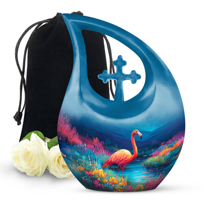 Azure Flamingo Cremation Urn top-down view of secure threaded lid - cross and flamingo combined in spiritual memorial design - full-size 10 inch 200 cubic inch adult cremation urn