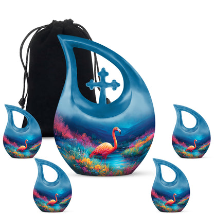 Sapphire Blue Flamingo Cremation Urn urn with complimentary velvet bag - devotional cross-drop flamingo engraving - memorial set with one large and four small urns