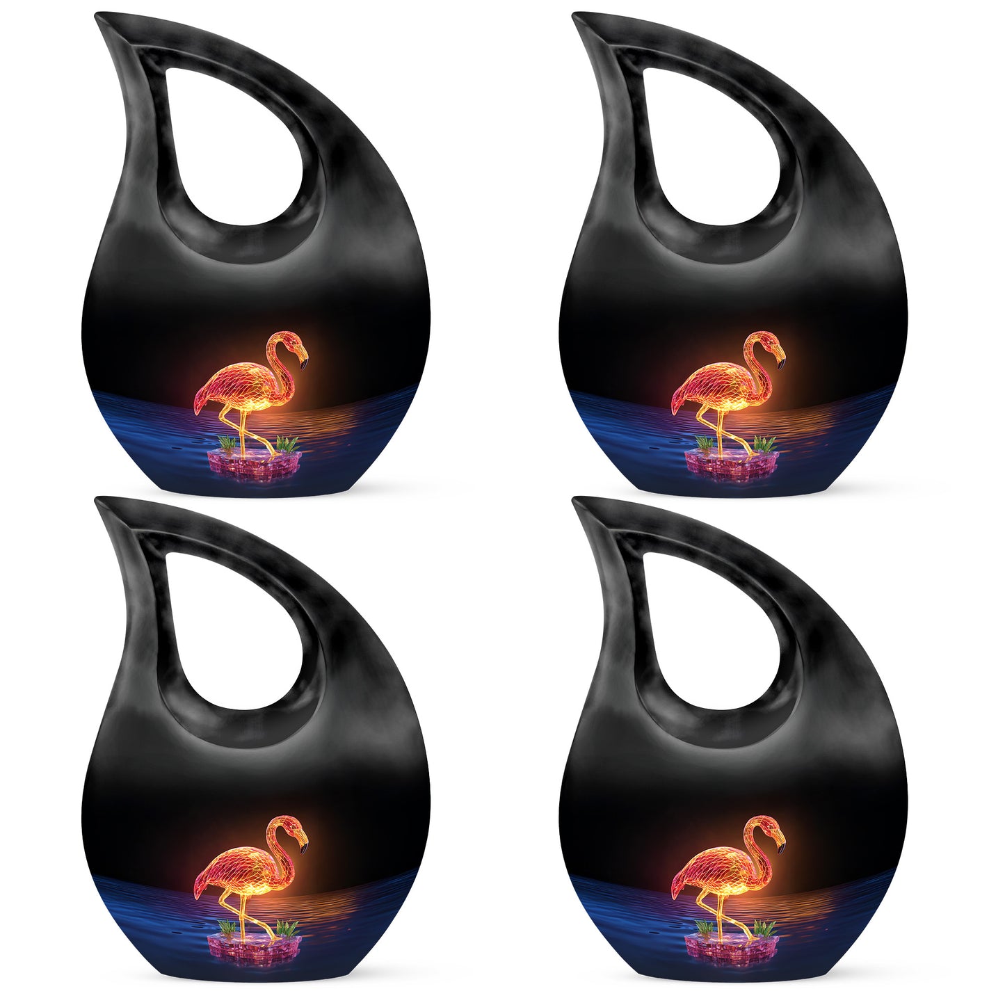 Midnight Black Flamingo Cremation Urn lifestyle display on memorial shelf - devotional cross-drop flamingo engraving - 10 inch aluminum urn for cremated remains